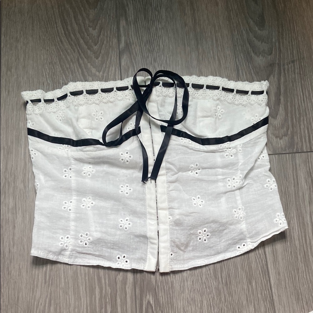 White Eyelet Tube Top with Black Ribbon
